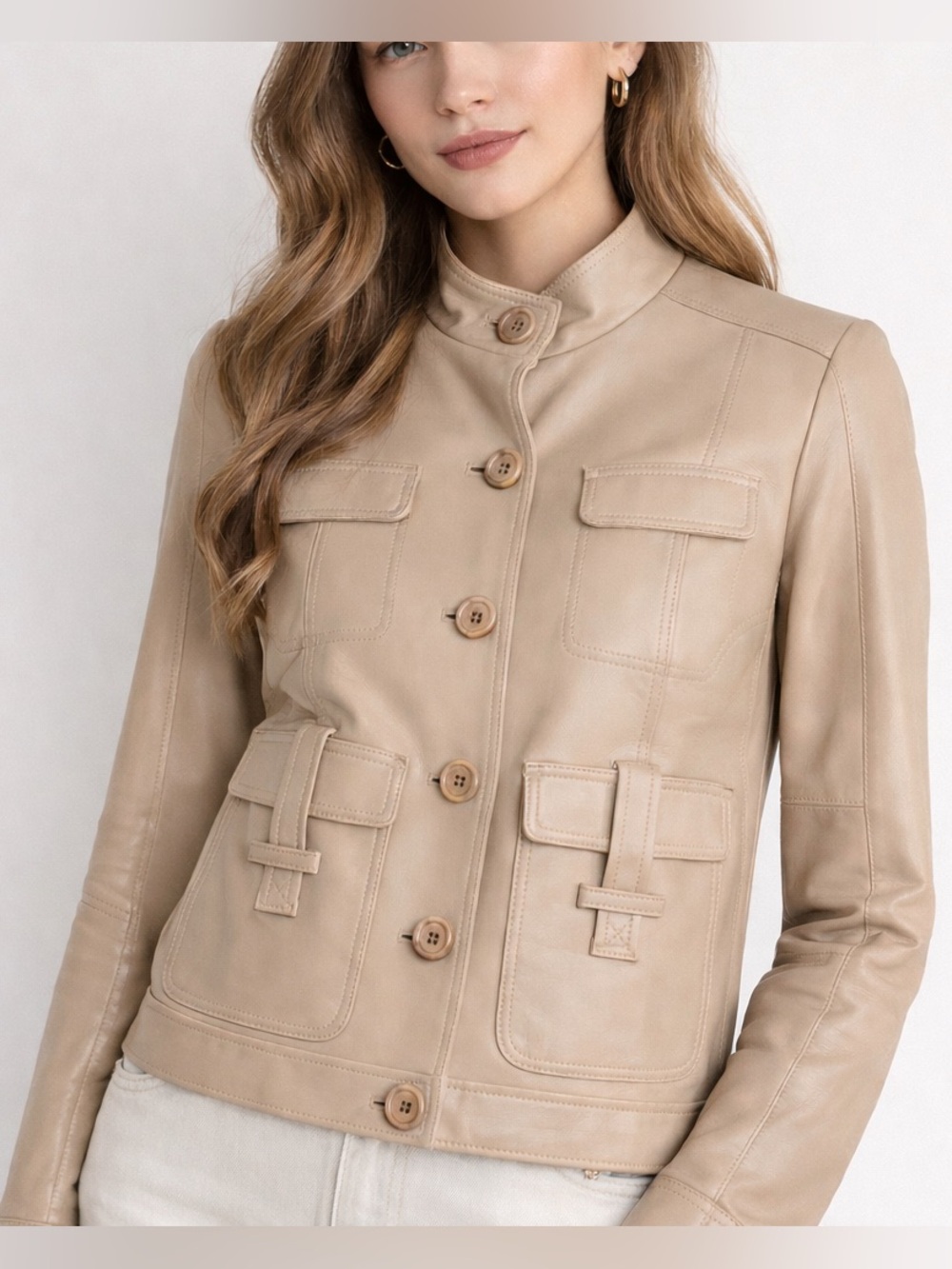 St. John Sport Leather Ecru Ivory Long Sleeve Jacket M